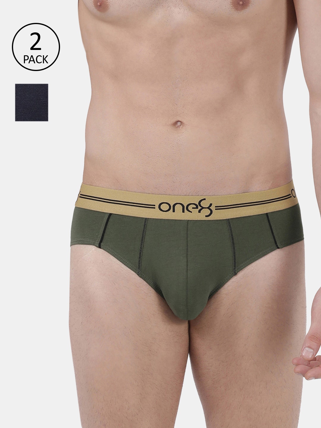 

one8 by Virat Kohli Men Pack Of 2 Solid Basic Premium Cotton Stretch Briefs 202-PO2, Olive