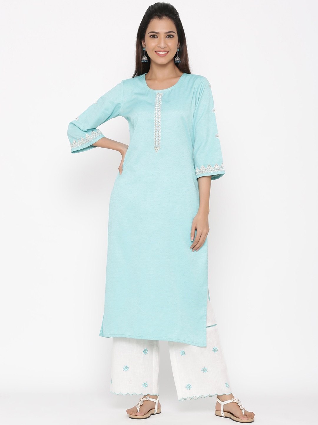 

Jaipur Kurti Women Turquoise Blue Solid Kurta with Palazzos