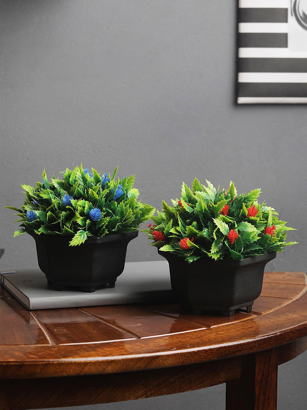 FOLIYAJ Set Of 2 Red & Blue Artifical Bush With Leaves Flowers & Black Pots