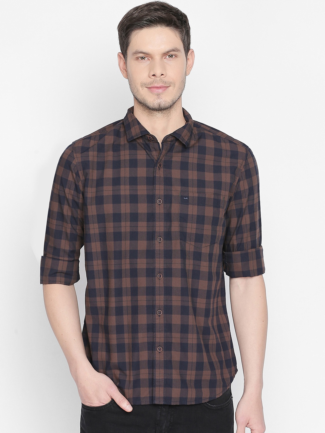 

Basics Men Brown & Black Slim Fit Checked Casual Shirt