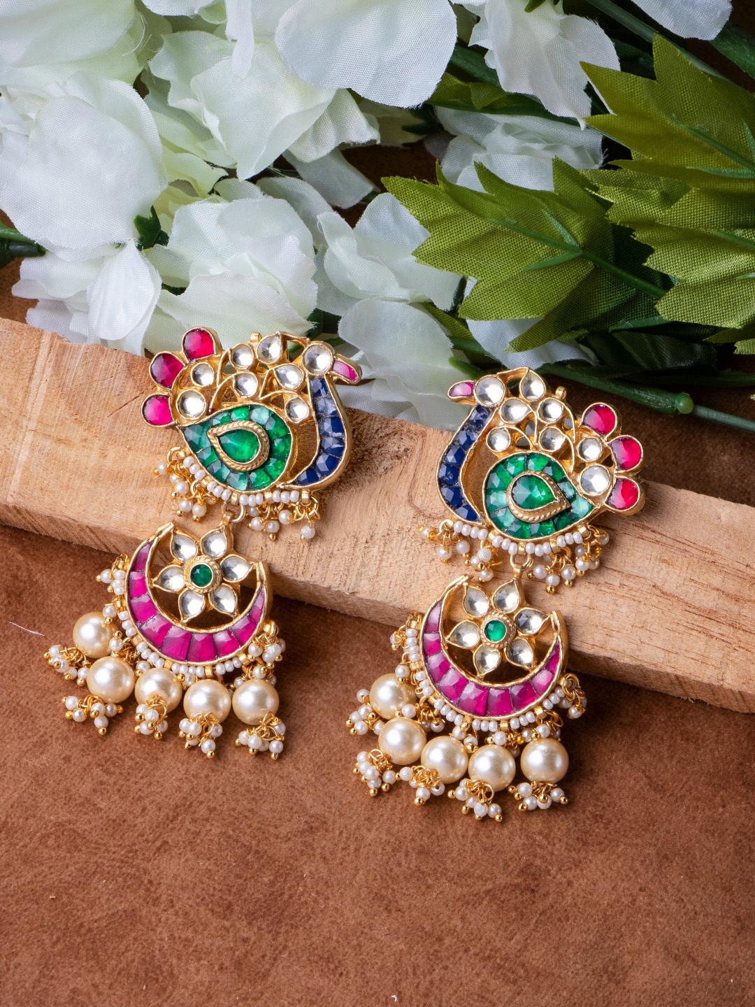

MORKANTH JEWELLERY Pink & Green Gold-Plated Peacock Shaped Chandbalis