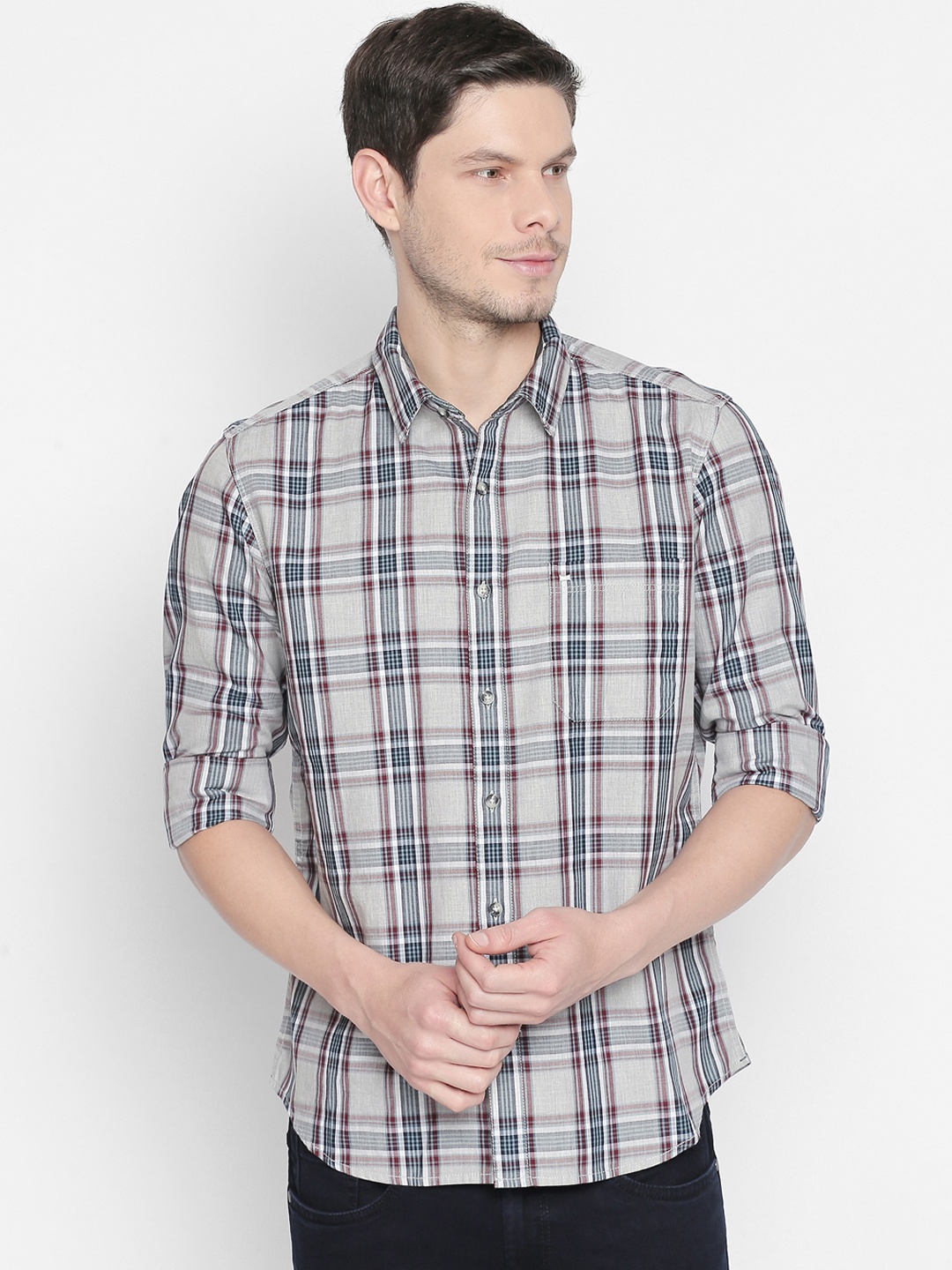 Basics Men Grey & Maroon Slim Fit Checked Casual Shirt