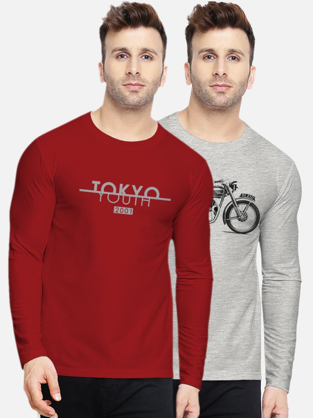 

BULLMER Men Pack Of 2 Printed Round Neck Pure Cotton T-shirt, Maroon