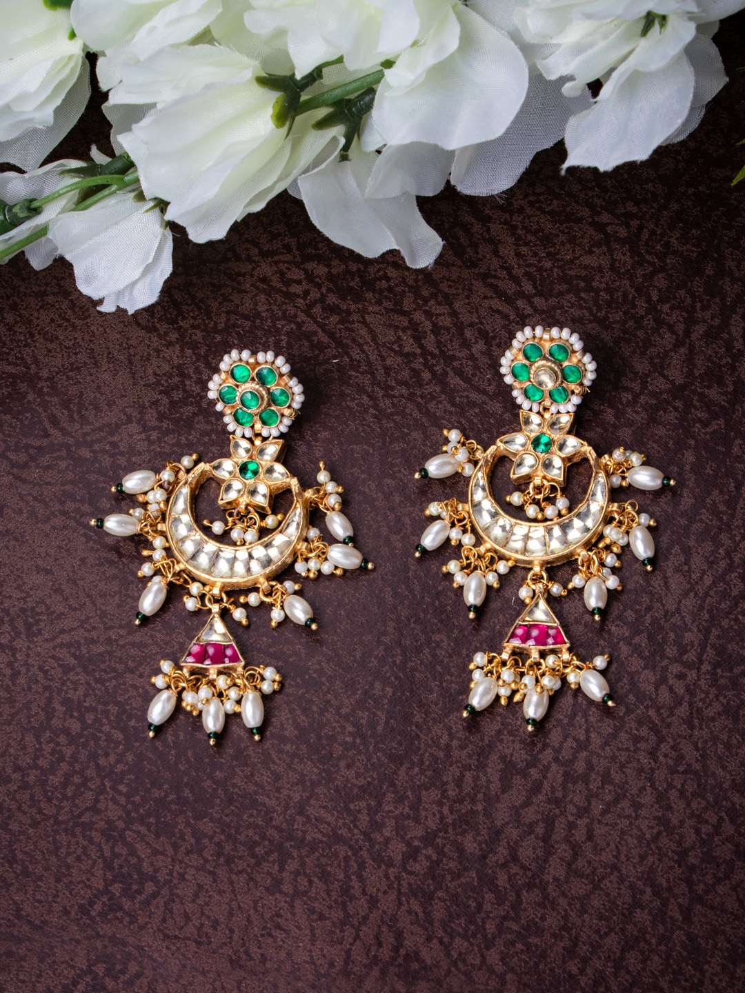 

MORKANTH JEWELLERY Green & White Floral Gold-Plated Drop Earrings