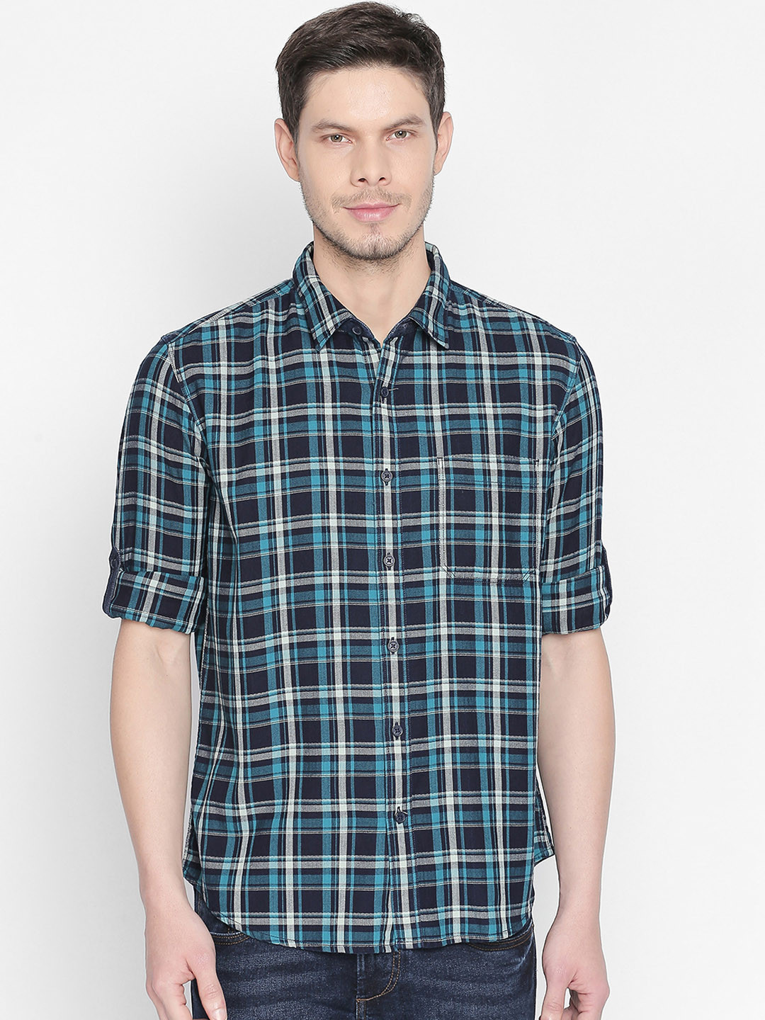 

Basics Men Blue & White Slim Fit Checked Casual Shirt