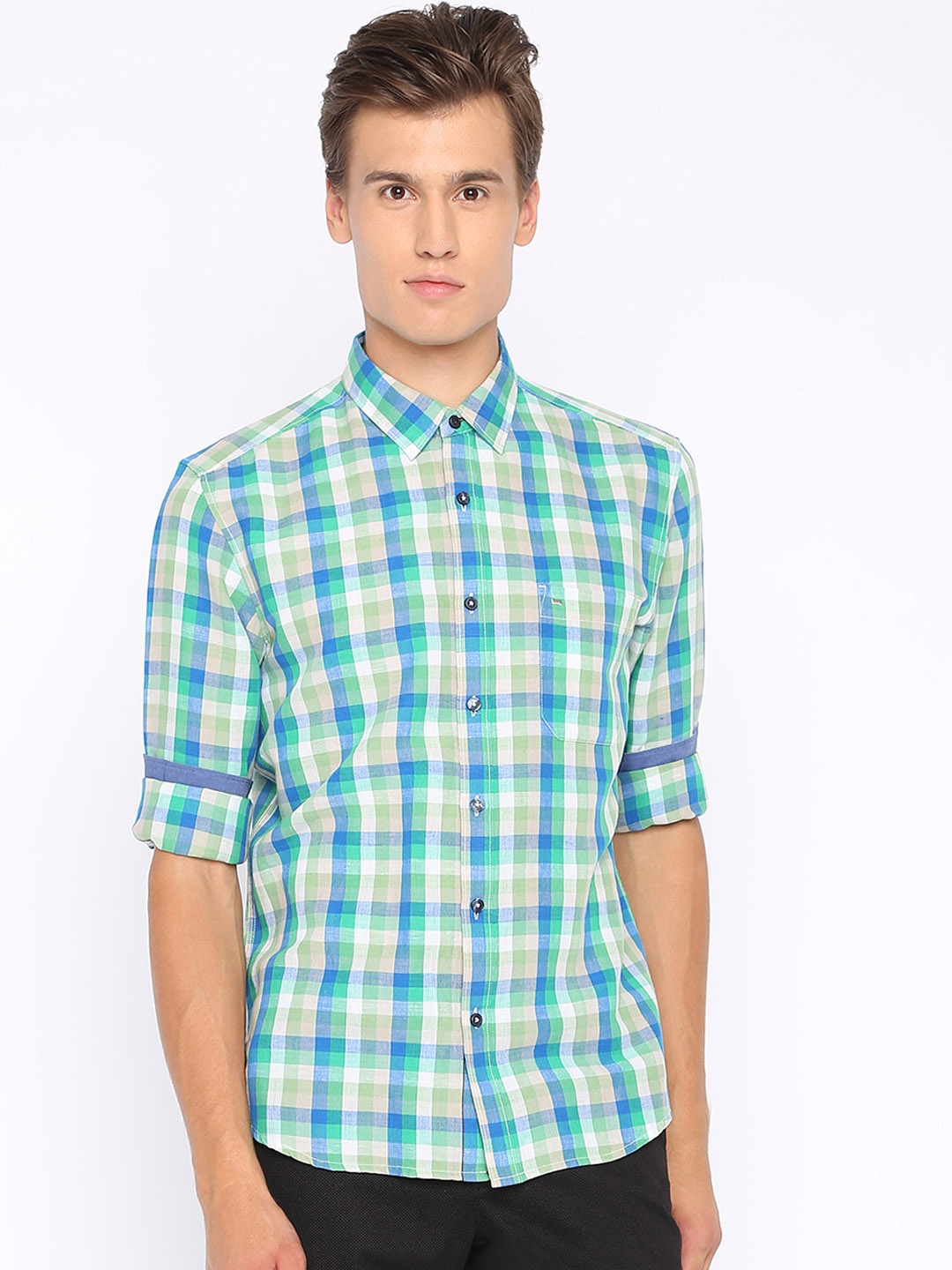 

Basics Men Green & Blue Slim Fit Checked Casual Shirt
