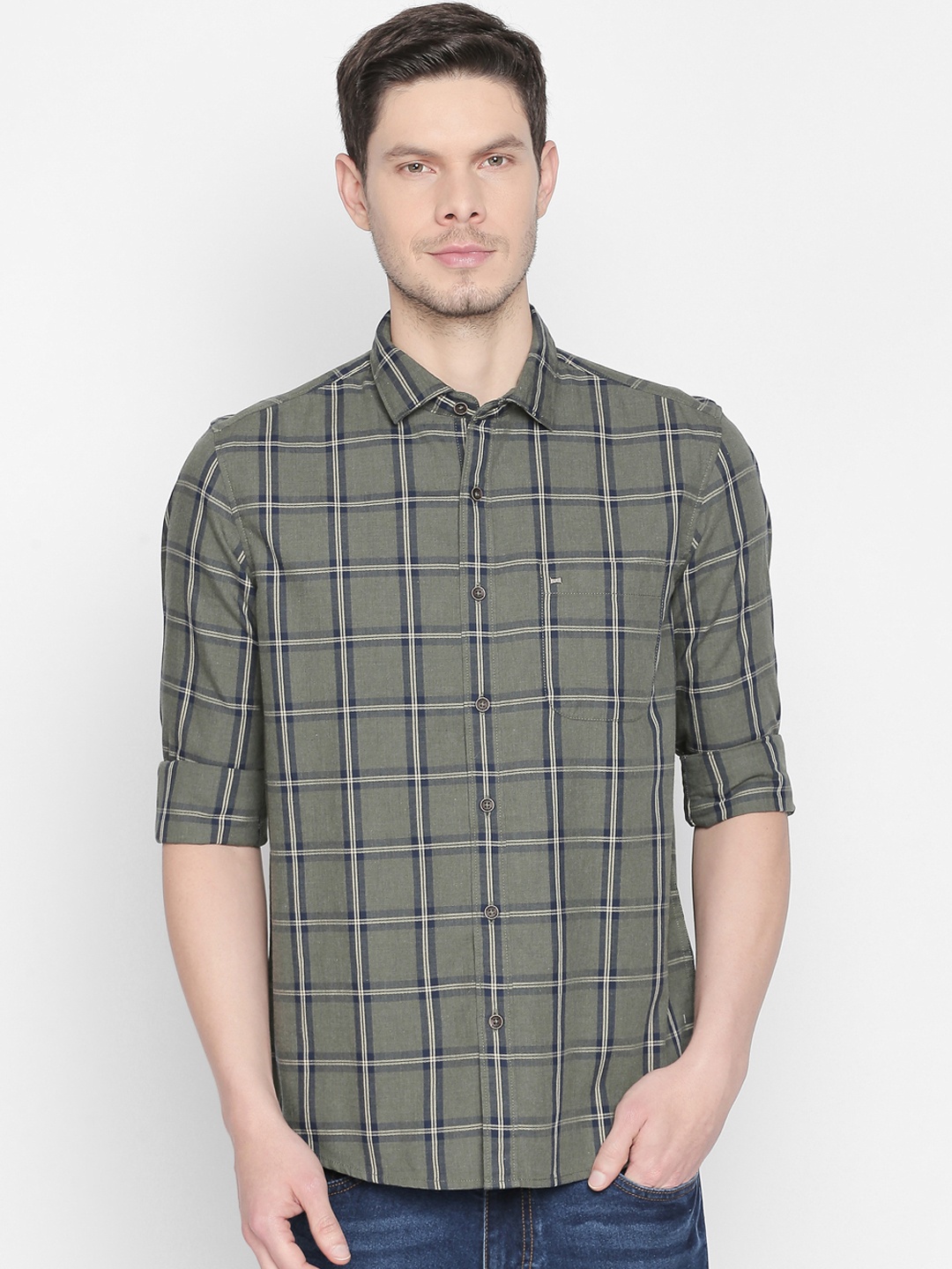 Basics Men Olive Green Slim Fit Checked Casual Shirt