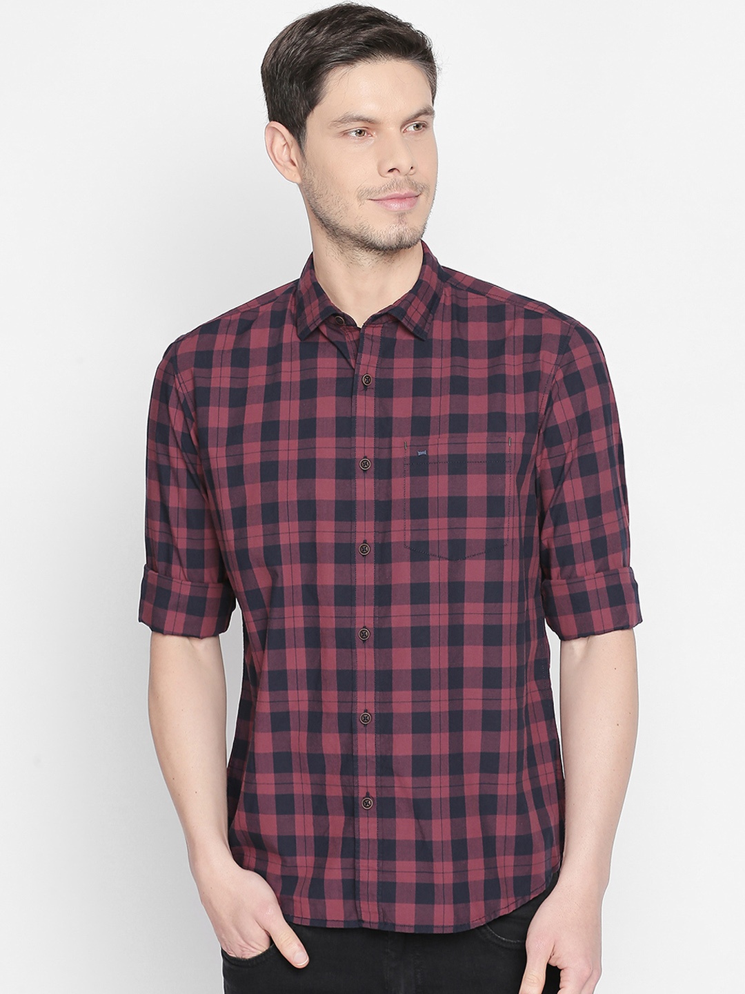 

Basics Men Red & Blue Slim Fit Checked Casual Shirt