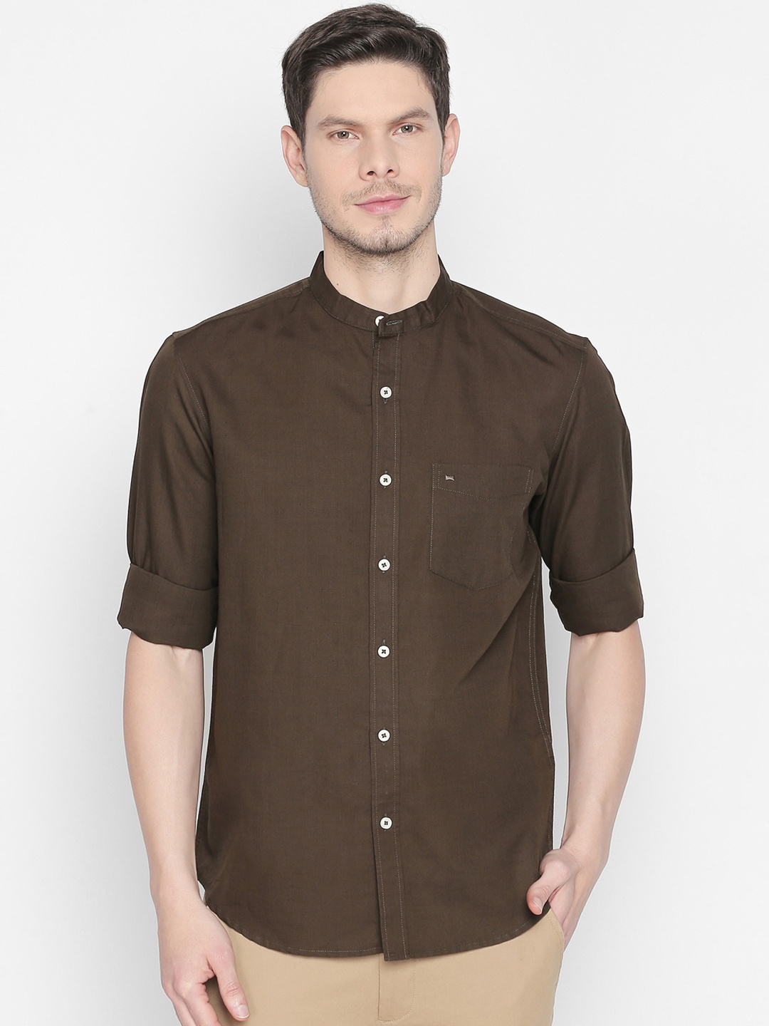 

Basics Men Olive Brown Slim Fit Solid Casual Shirt