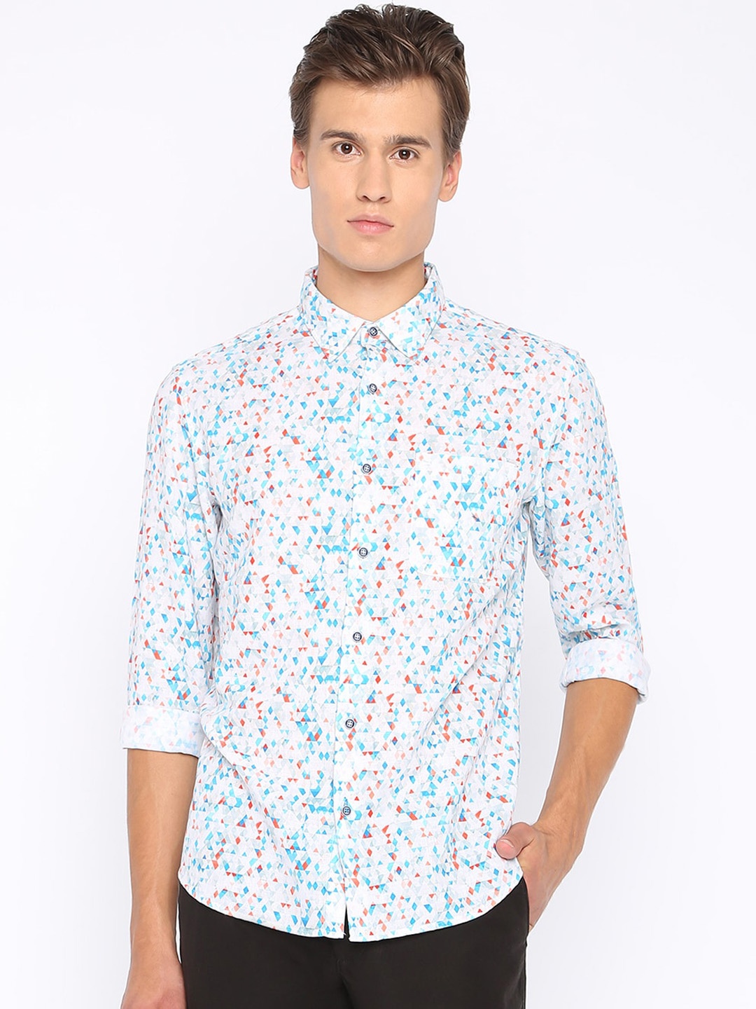 

Basics Men Grey & Blue Slim Fit Printed Casual Shirt