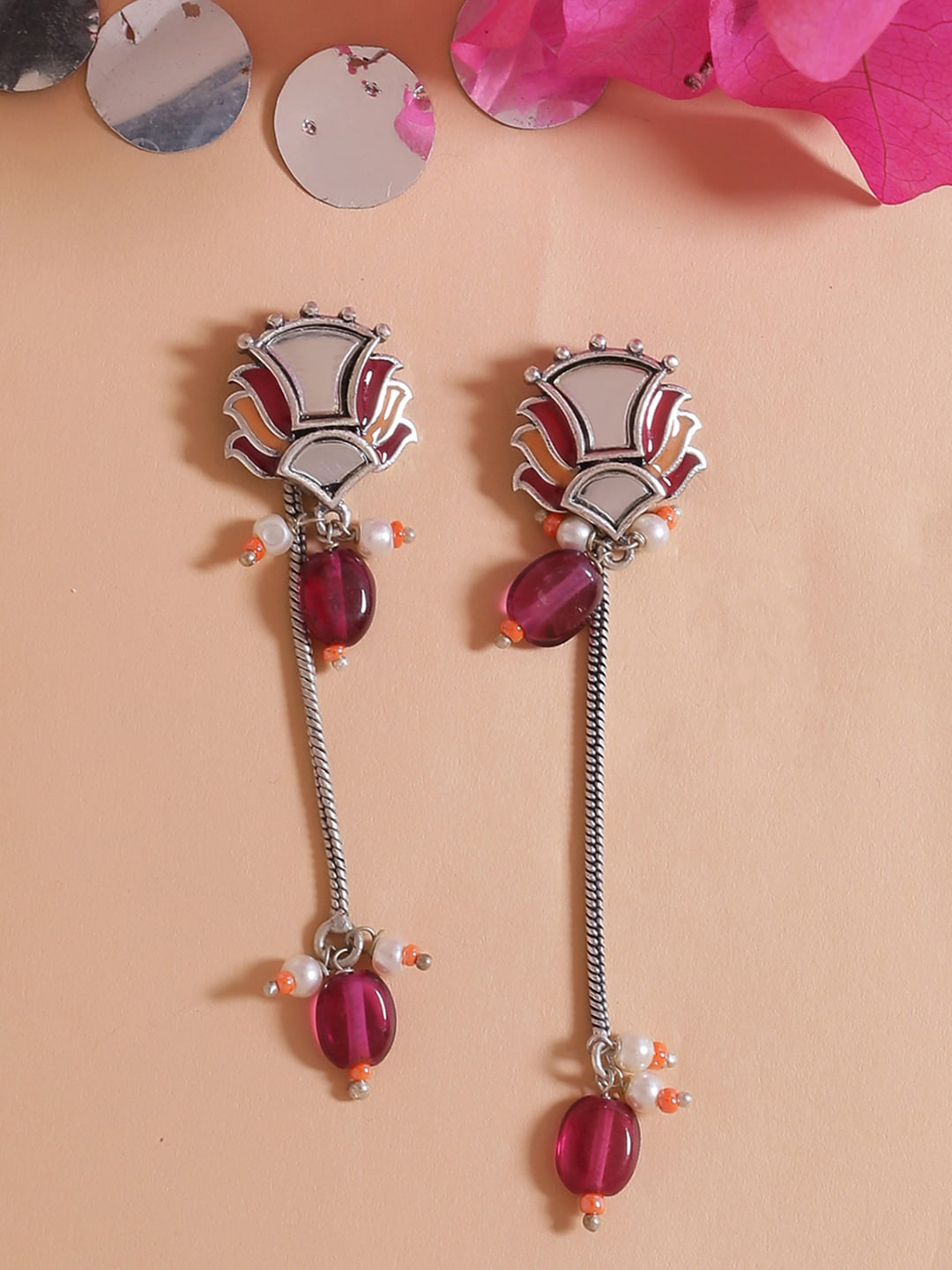 

Voylla Silver-Plated & Pink Classic Drop Earrings