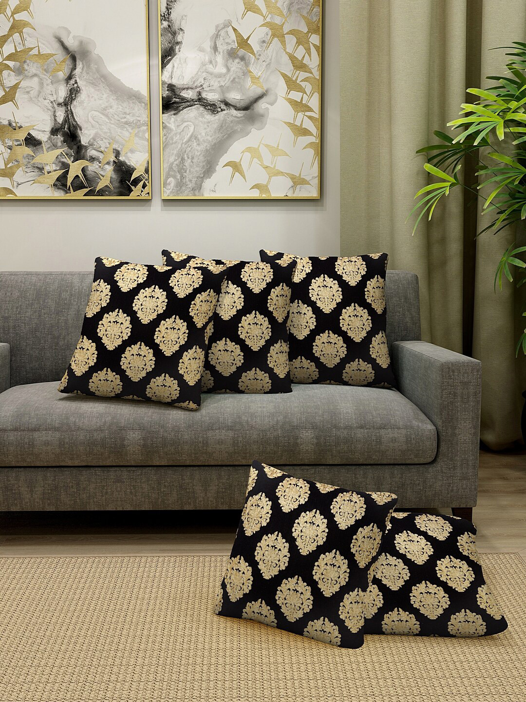 

KLOTTHE Black & Beige Set of 5 Embroidered Square Cushion Covers