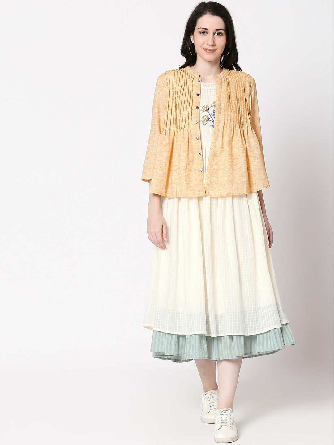 

TERQUOIS Women Cream-Coloured Self Design A-Line Dress With Jacket