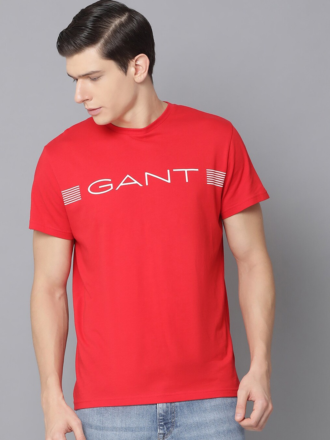 

GANT Men Red Brand Logo Printed Round Neck T-shirt