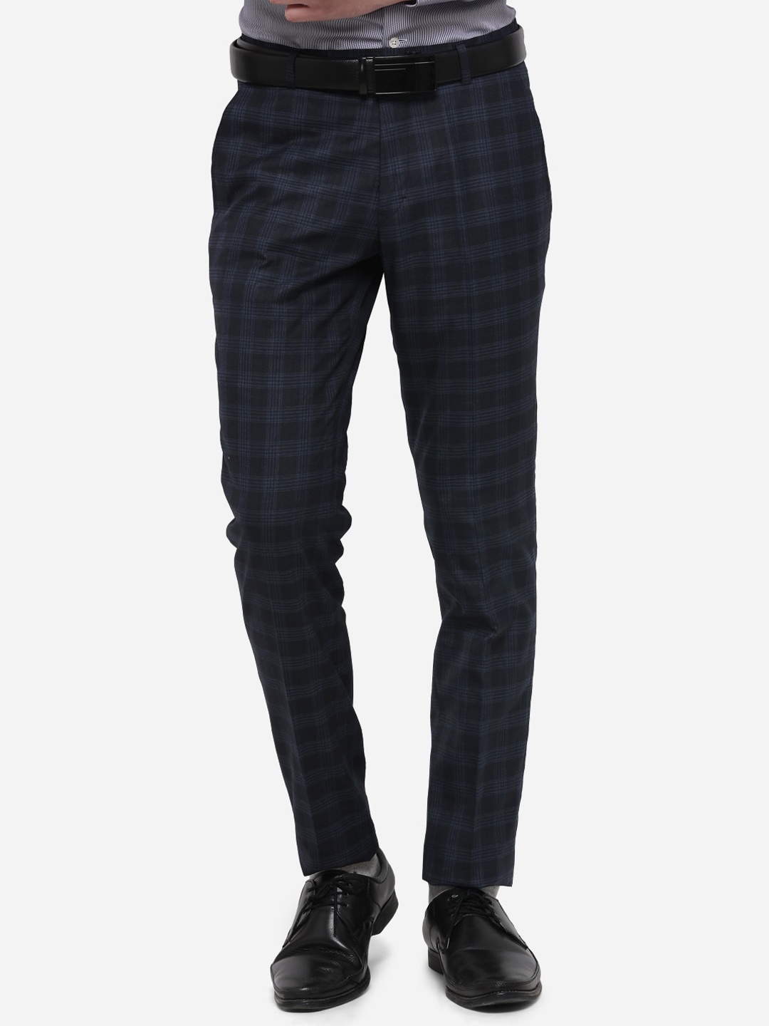 

Greenfibre Men Navy Blue Skinny Fit Checked Formal Trousers