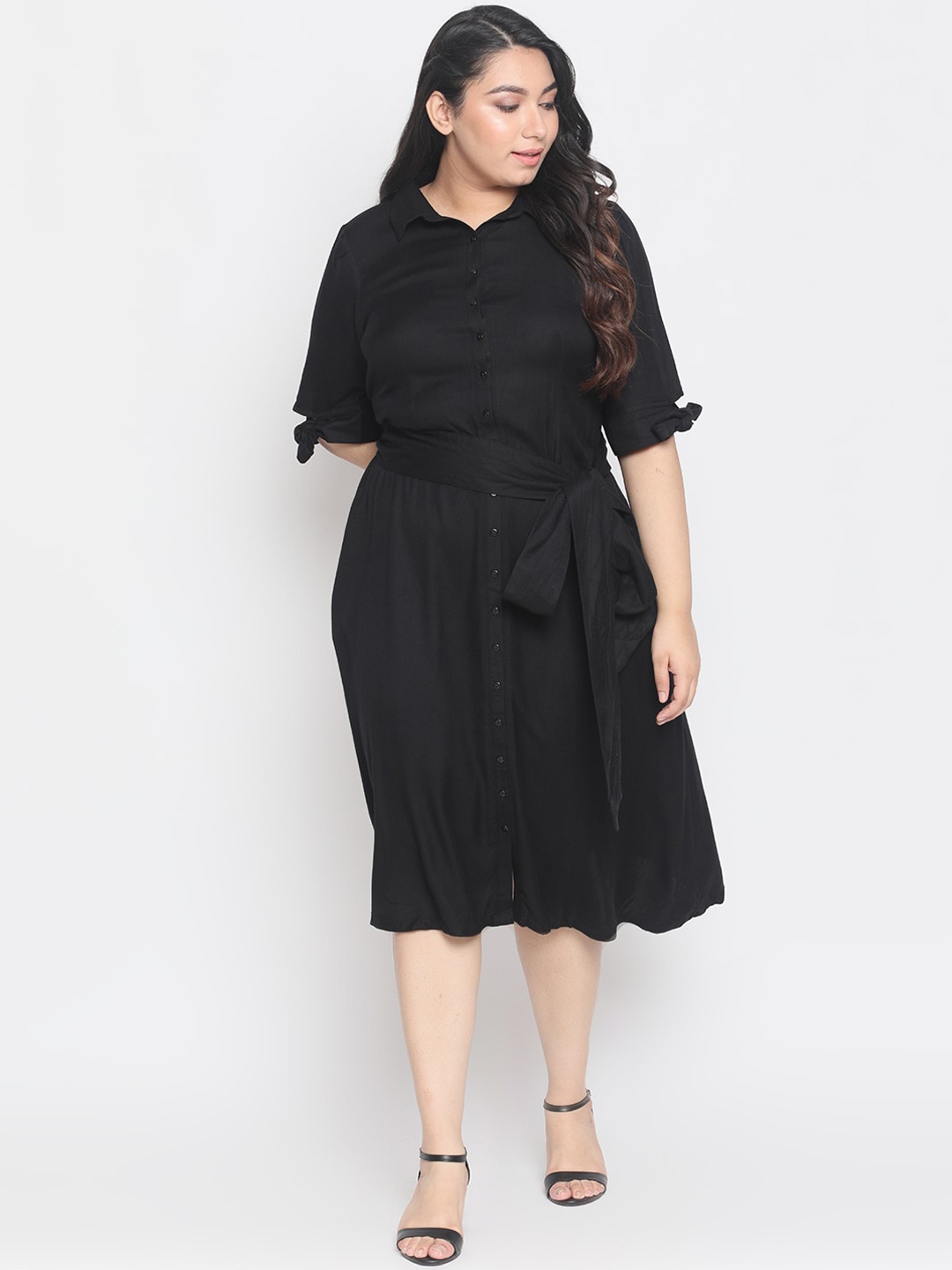 Amydus Women Plus Size Black Solid Fit and Flare Dress