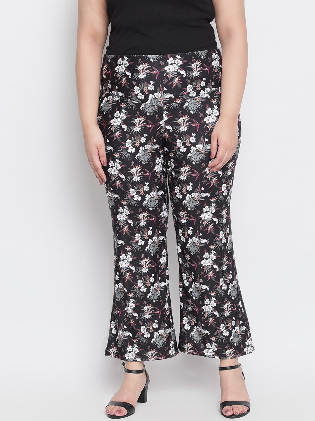 

Amydus Women Plus Size Black & White Regular Fit Floral Printed Tummy Shaper Trousers