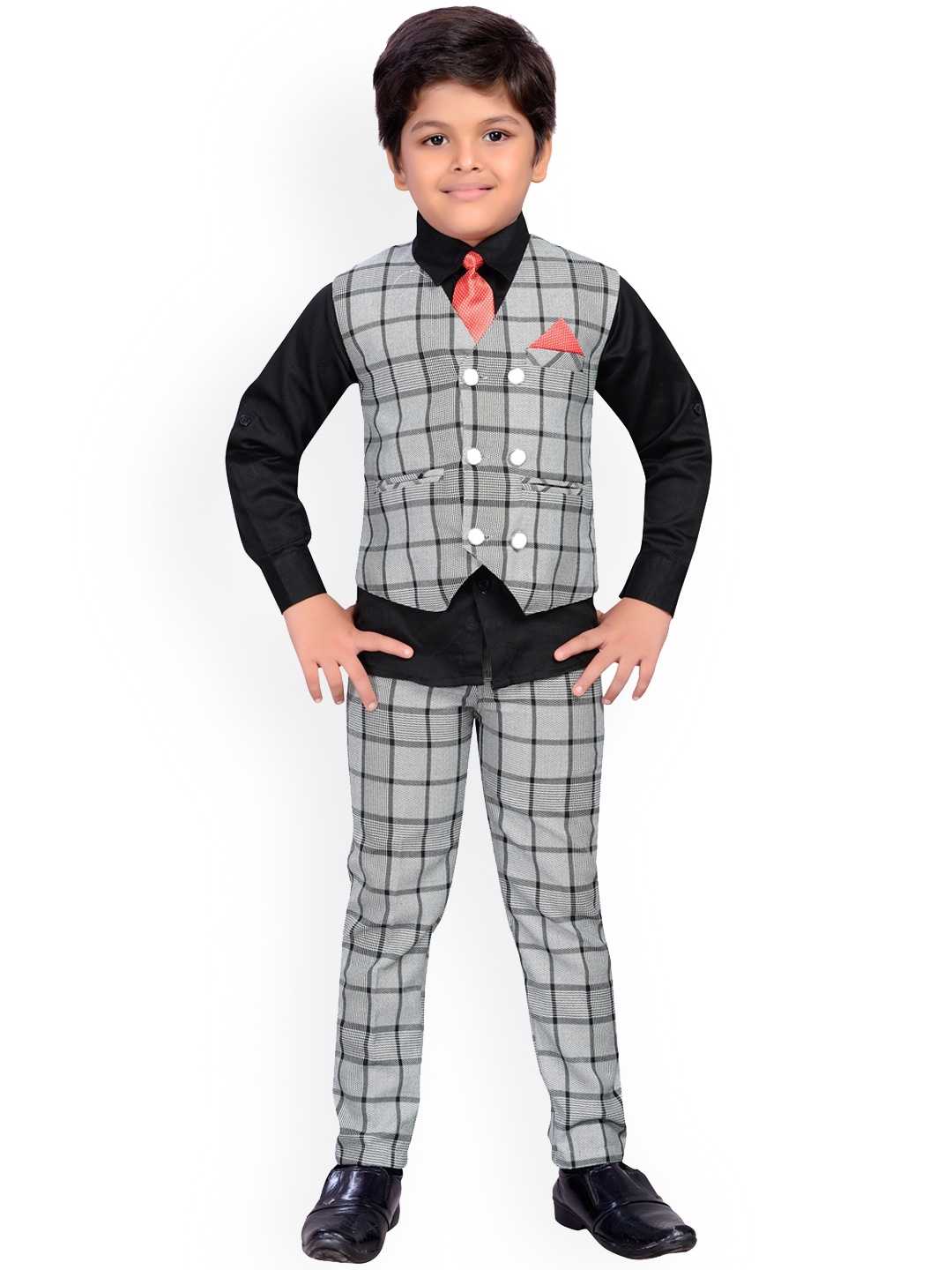 

Aj DEZInES Boys Black & Grey Solid Shirt with Trousers With Waist Coat