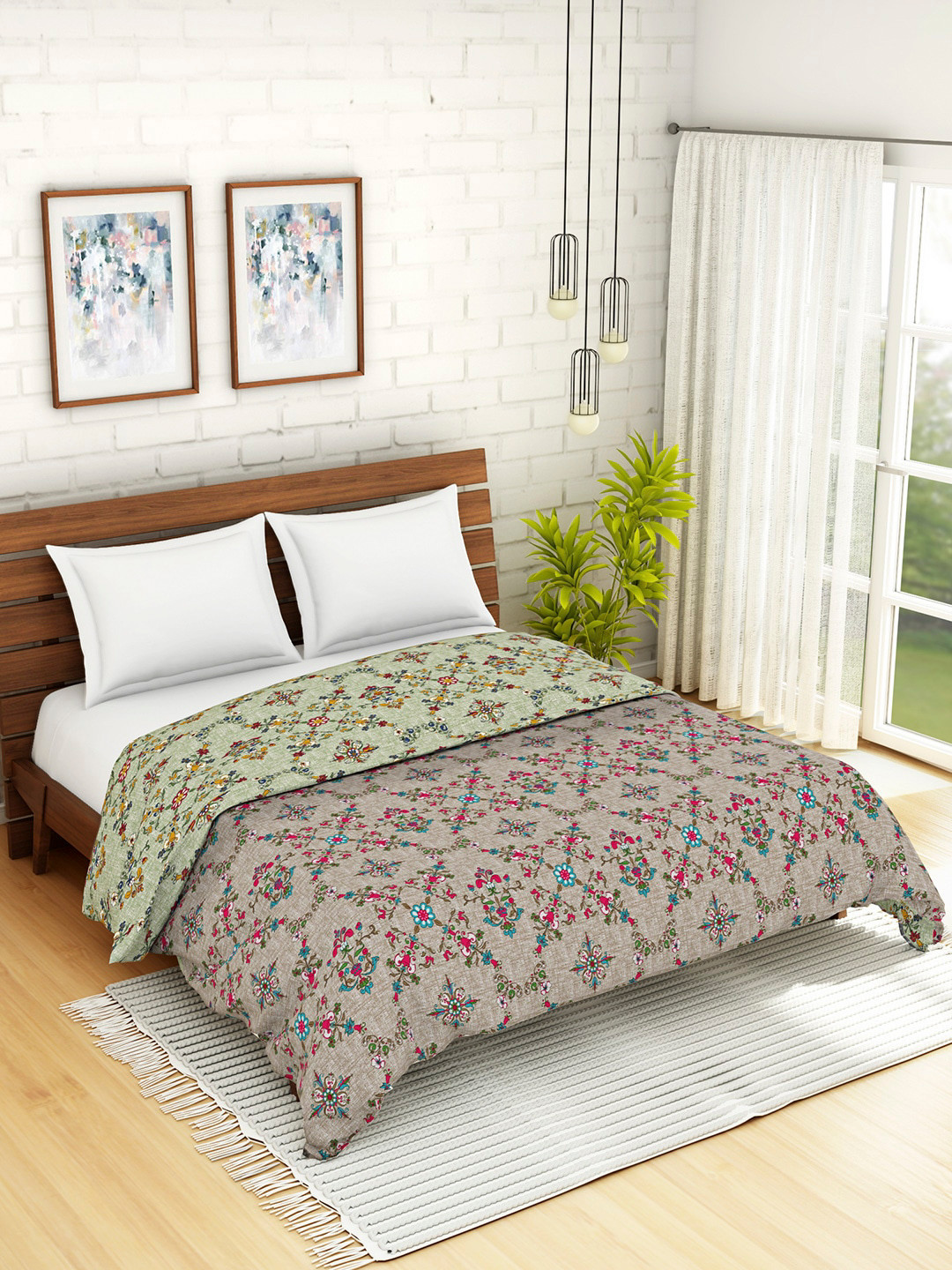 

SPACES Green & Brown Floral AC Room 150 GSM Double Bed Quilt