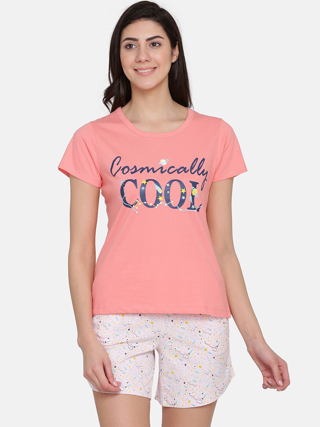 Clovia Women Peach-Coloured & White Printed Night Suit