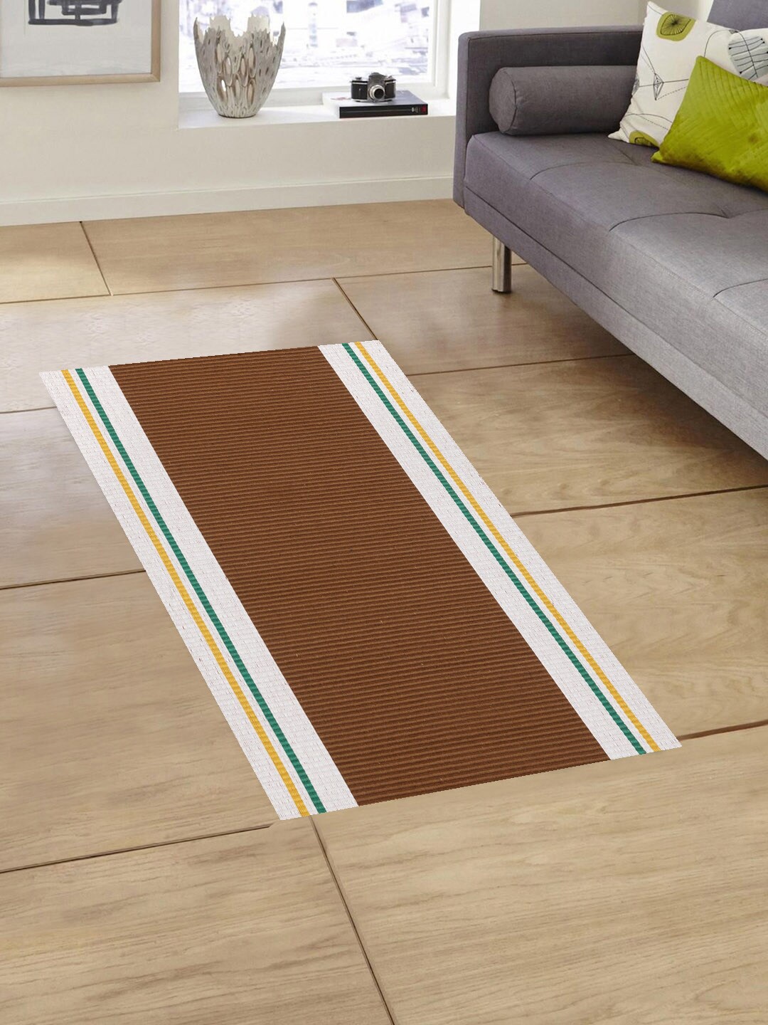 

KLOTTHE Set of 2 Olive Brown & White Striped Anti-Skid Floor Mats