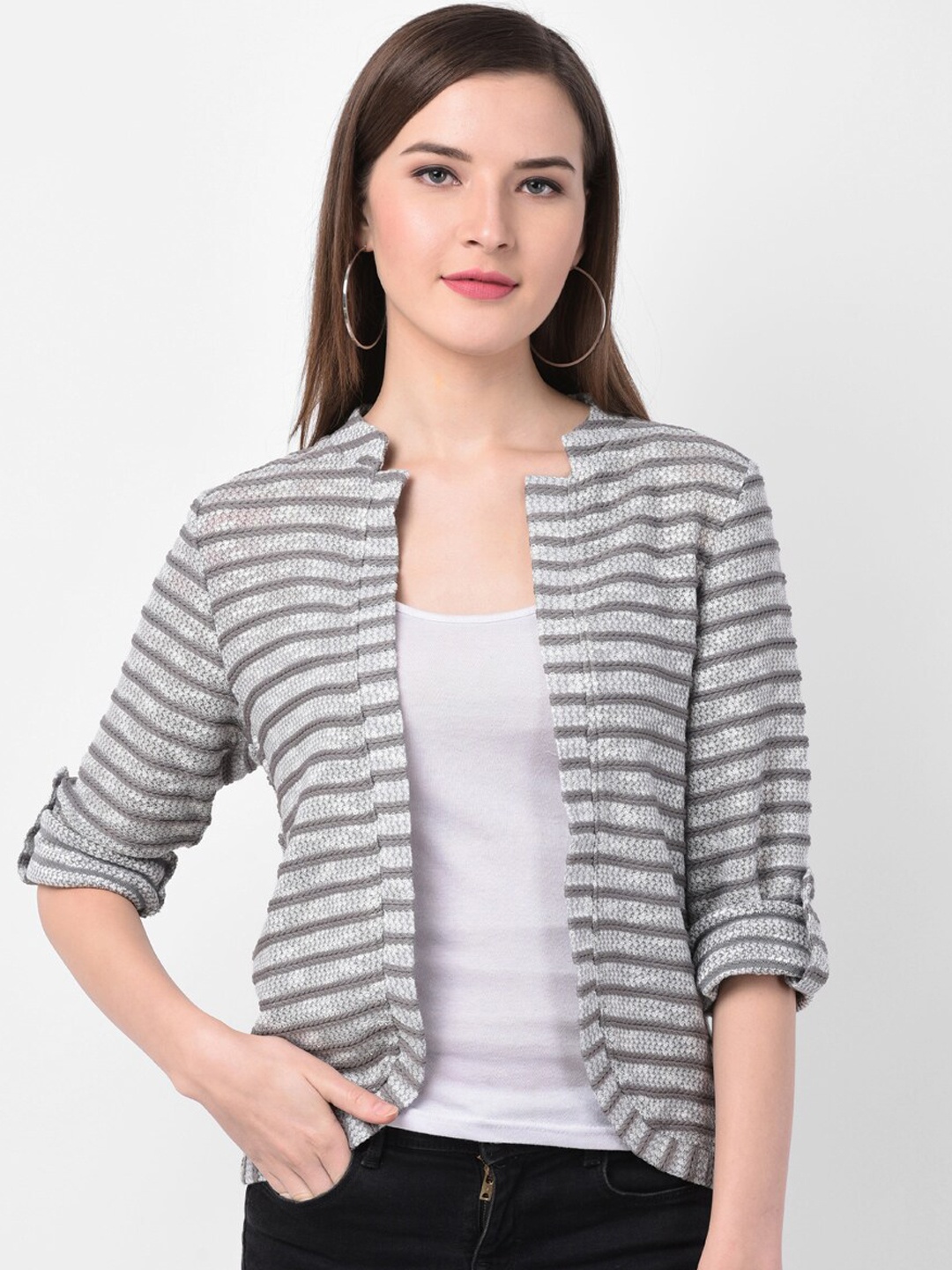 

Latin Quarters Women Grey Striped Jacquard Knit Yarn Dyed Open Front Shrug
