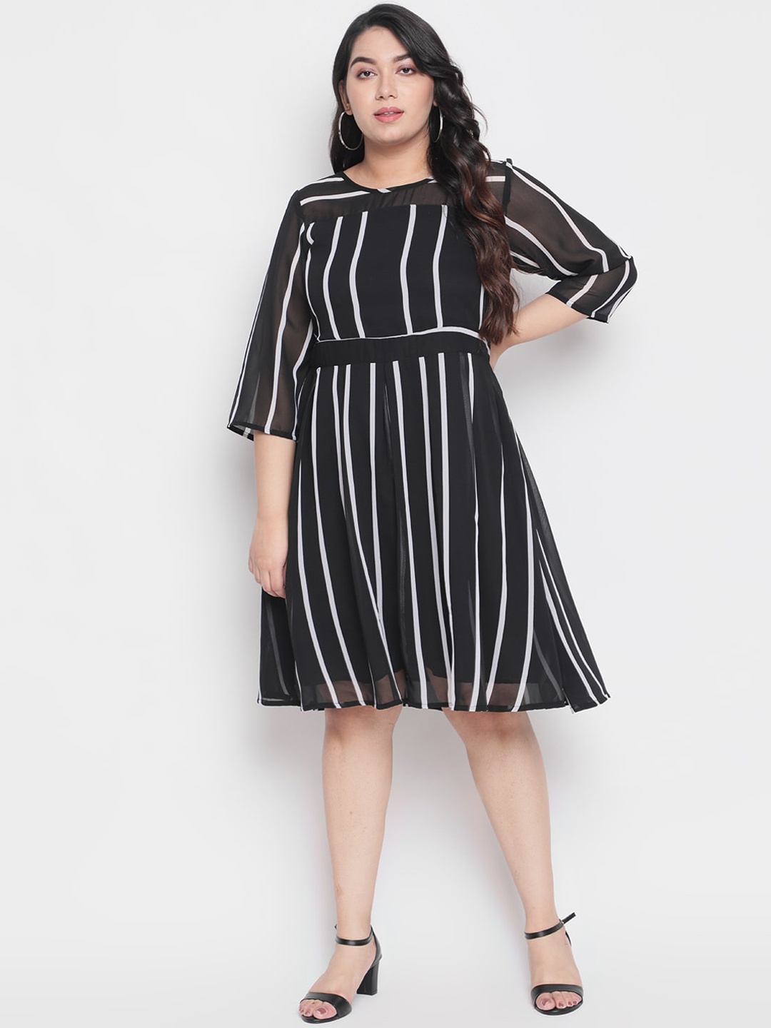 

Amydus Women Plus Size Black Striped Fit and Flare Dress