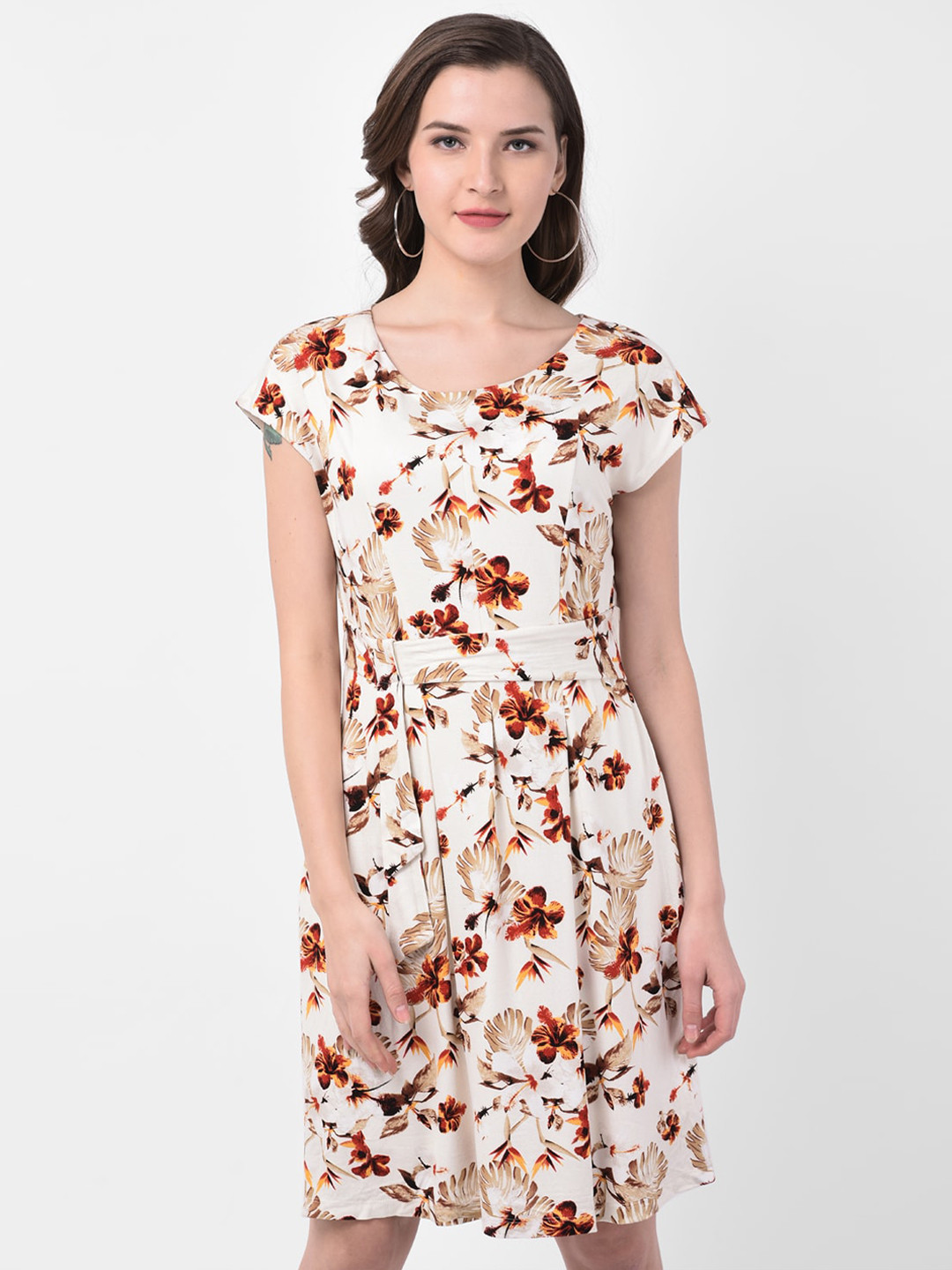 

Latin Quarters Women Cream-Coloured & Brown Floral Printed Fit and Flare Dress