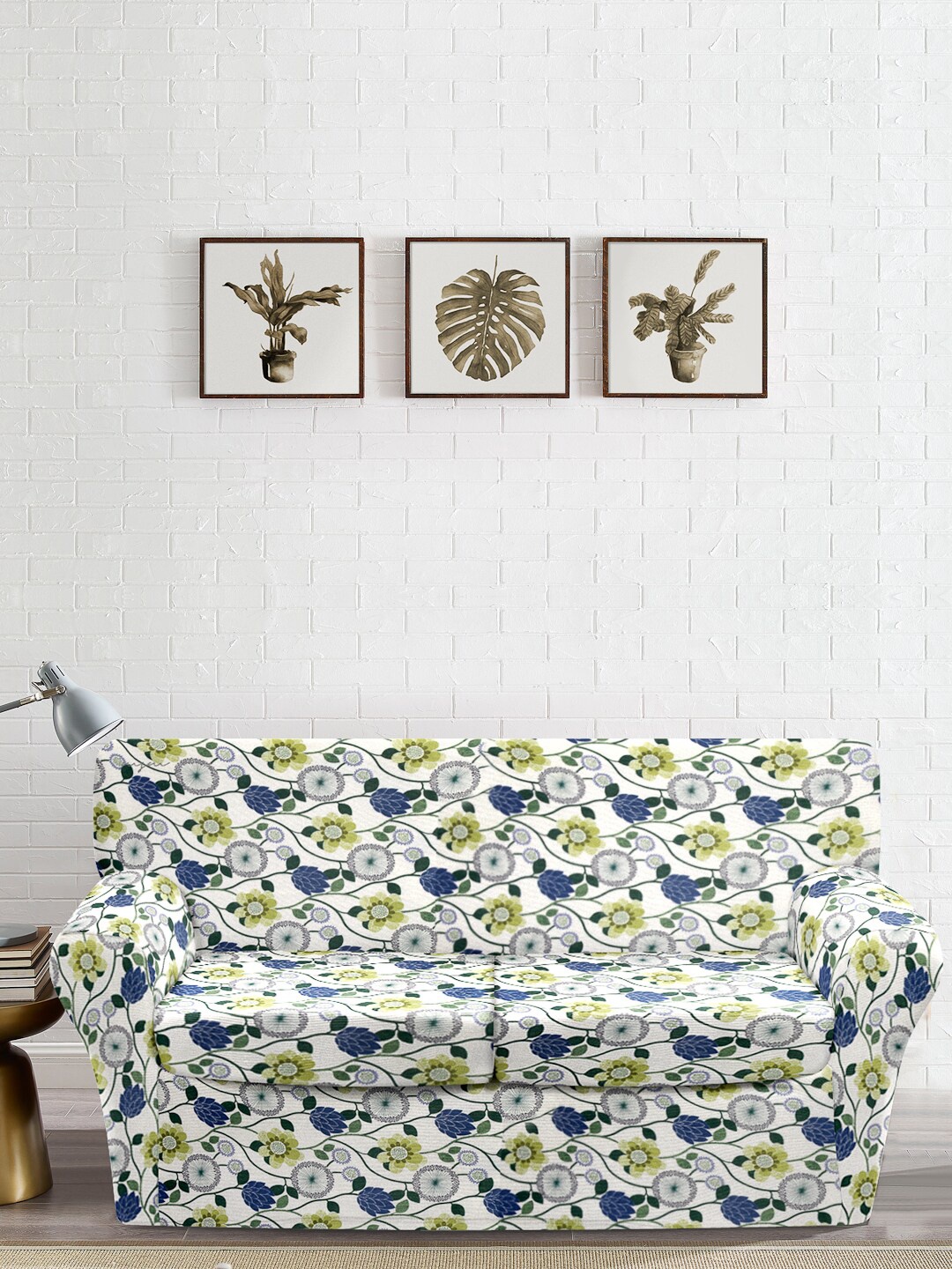 

Cortina Blue Printed Sofa Cover, White