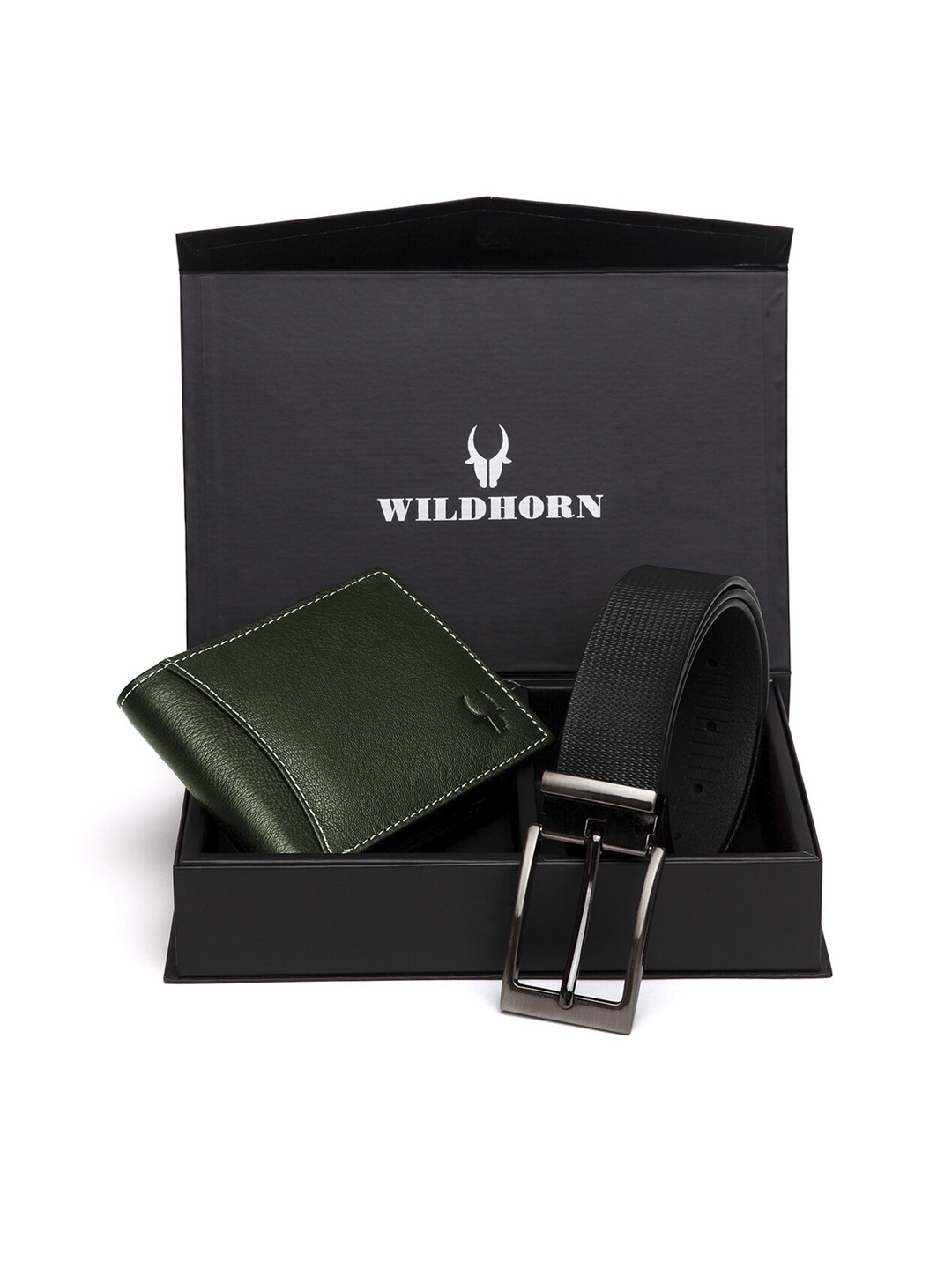 WildHorn Men Green & Black RFID Protected Genuine Leather Accessory Gift Set