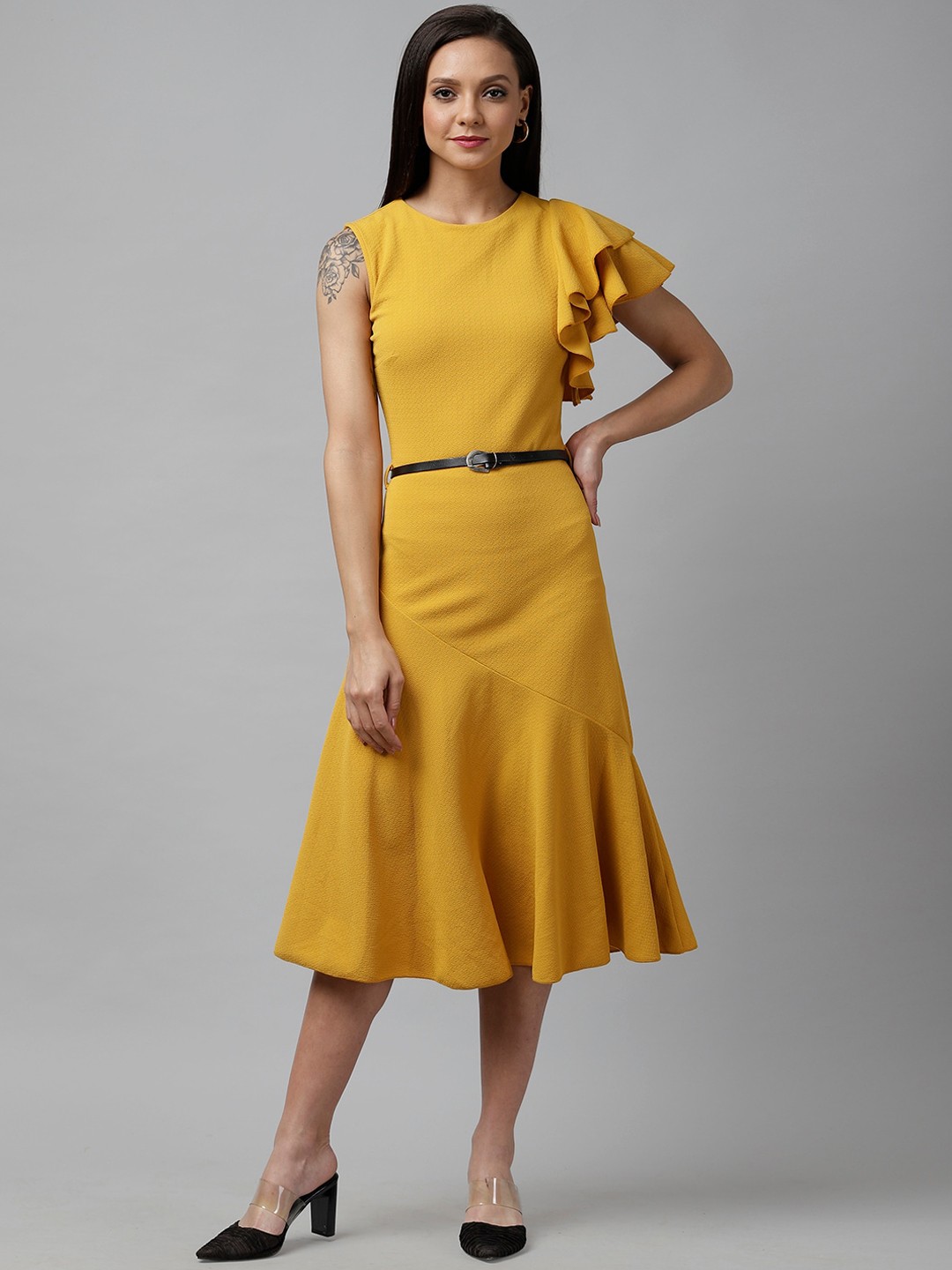 

KASSUALLY Women Mustard Yellow Solid Flared Sleeve Drop-Waist Dress