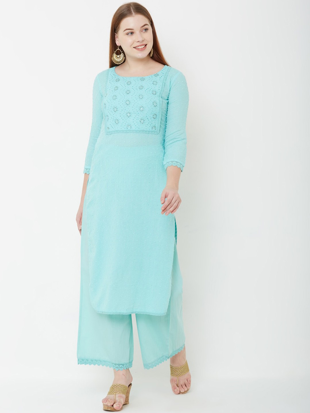 

FASHOR Women Turquoise Blue Yoke Design Kurta with Palazzos