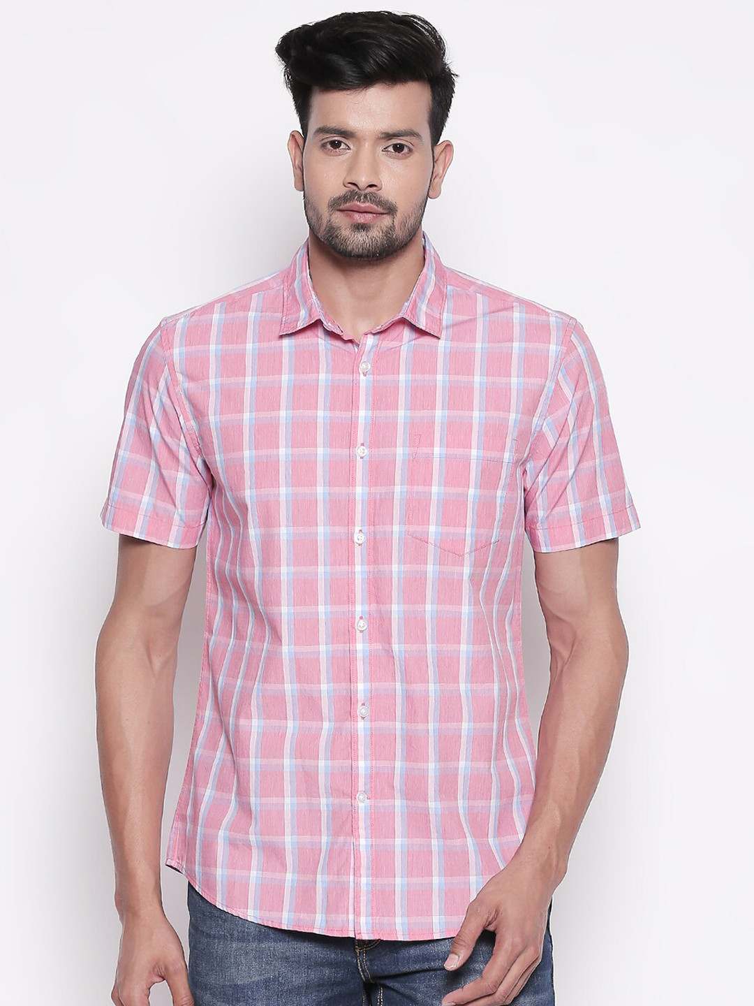 

BYFORD by Pantaloons Men Pink & Blue Regular Fit Cotton Checked Casual Shirt
