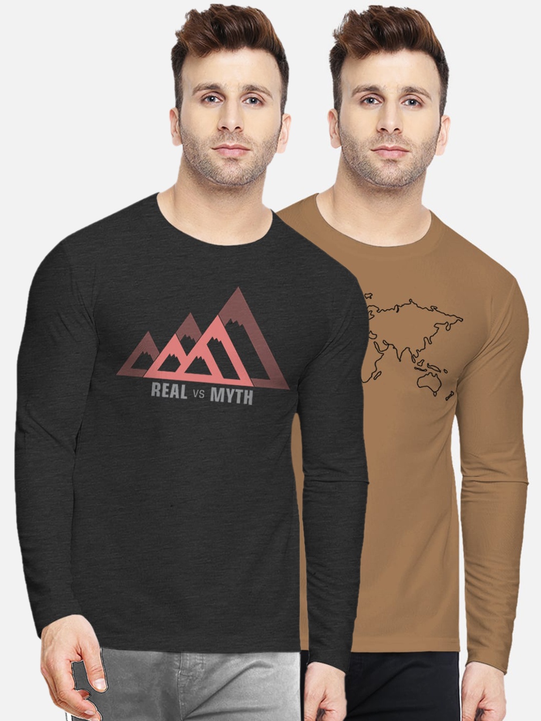 

BULLMER Men Pack of 2 Printed Round Neck T-shirt, Charcoal