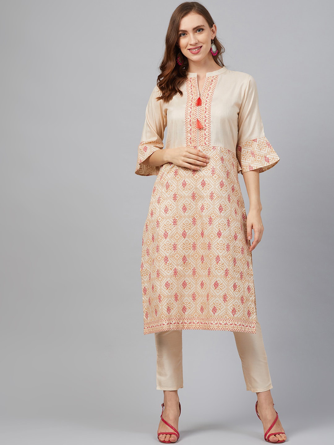 

ZIYAA Women Cream-Coloured & Pink Printed Straight Khadi Kurta