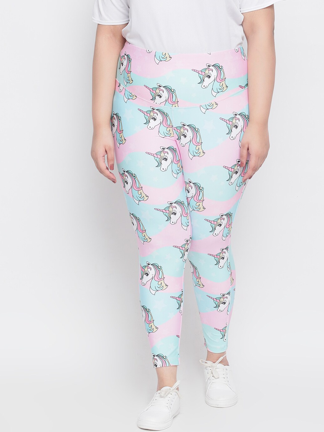 

Amydus Women Plus Size Pink & Blue Unicorn Printed Tummy Shaper Treggings