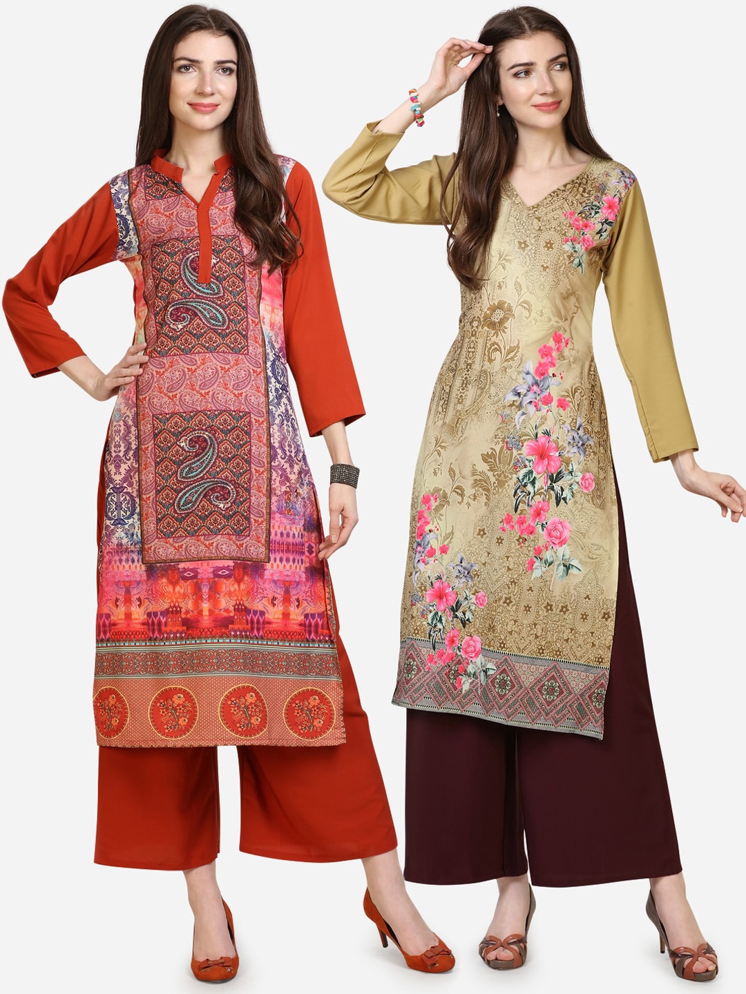 

Silk Bazar Women Pack Of 2 Printed Kurtas with Palazzos, Red