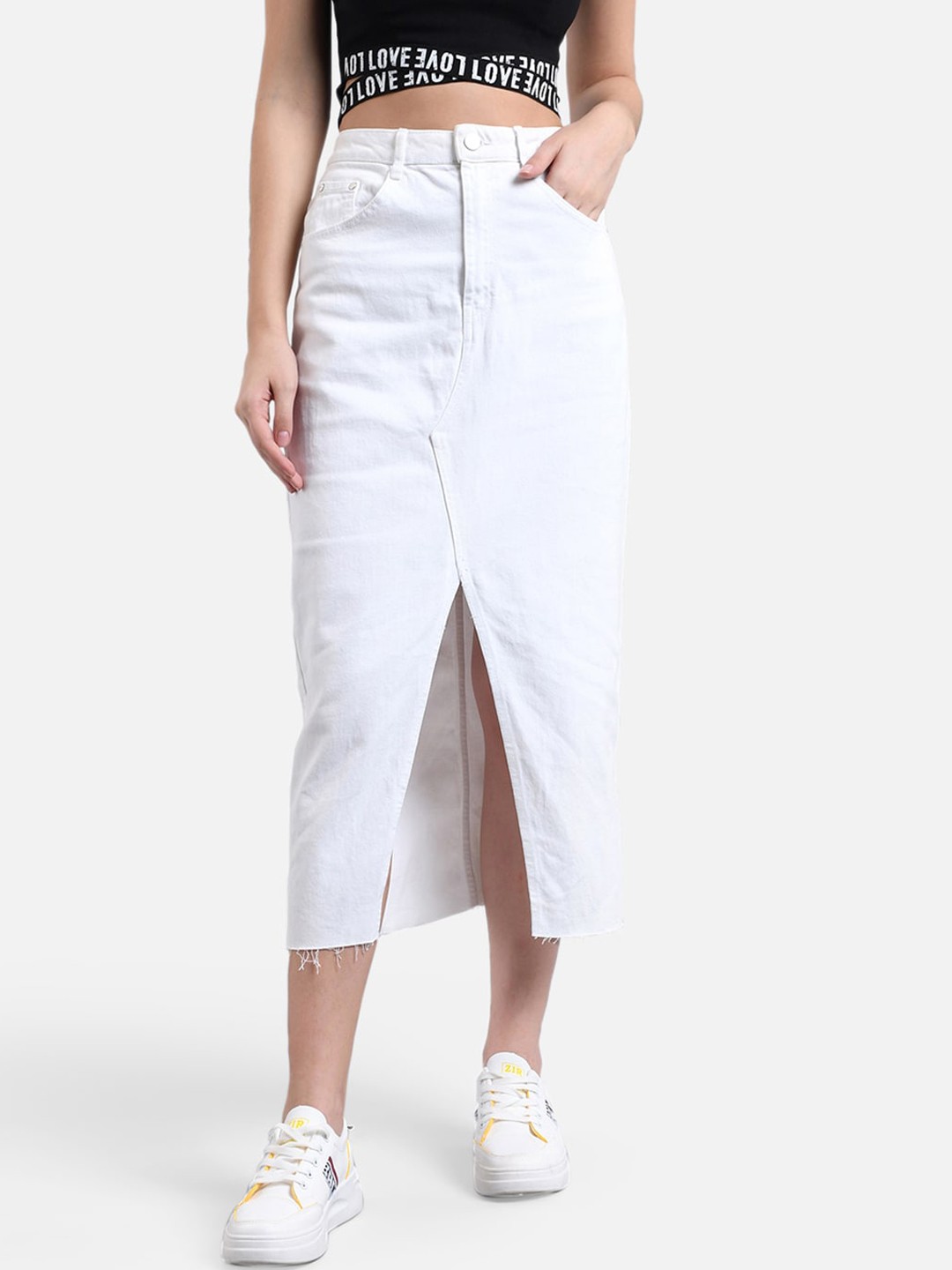 

Kotty Women White Solid Denim Straight Skirt