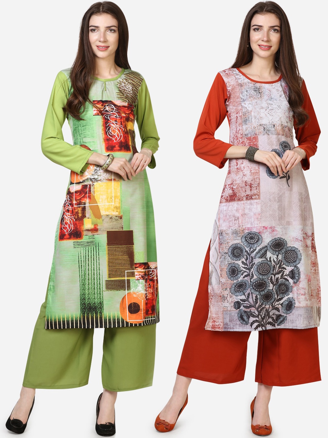 

Silk Bazar Women Pack Of 2 Printed Kurtas with Palazzos, Green