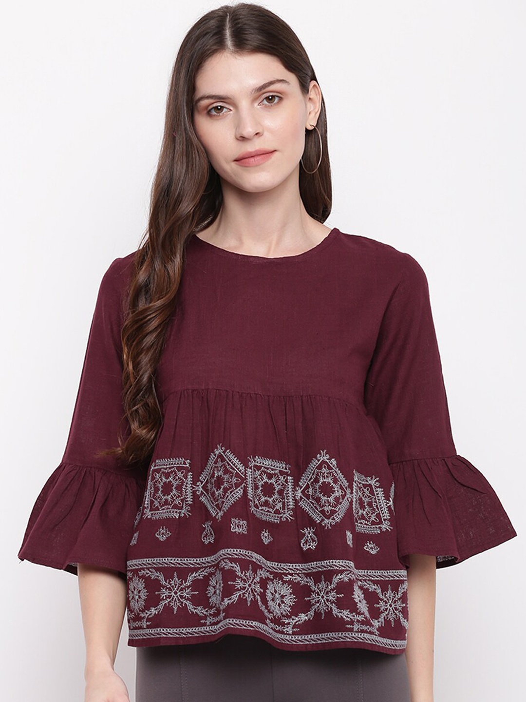 

Mayra Women Maroon Embroidered A-Line Top