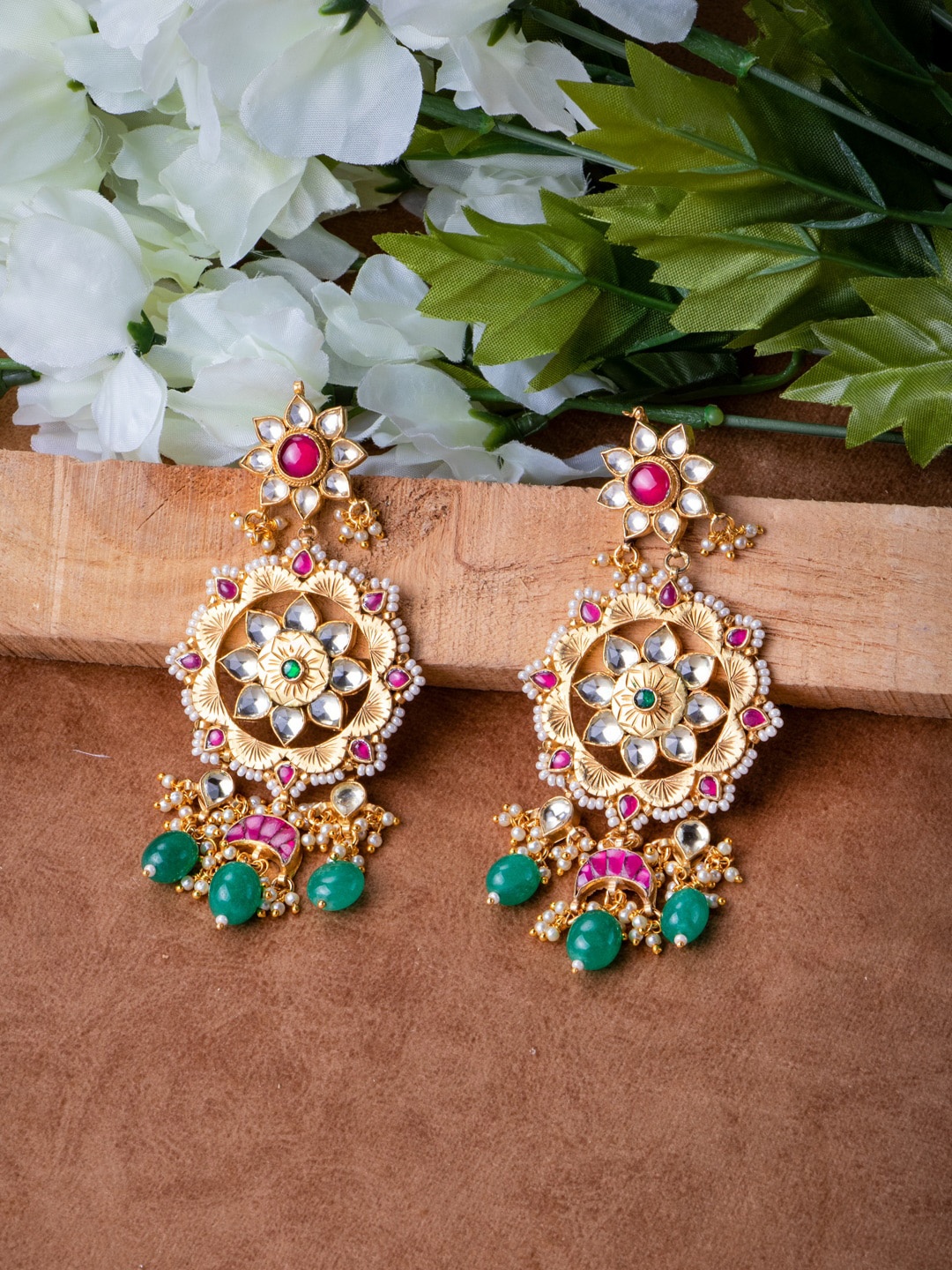 

MORKANTH JEWELLERY Pink & Green Crescent Shaped Chandbalis