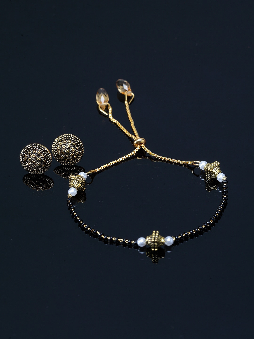 

PANASH Gold-Plated & Black Beaded Antique Mangalsutra Set