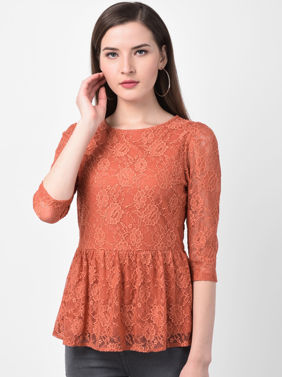 

Latin Quarters Women Rust Orange Solid Peplum Top