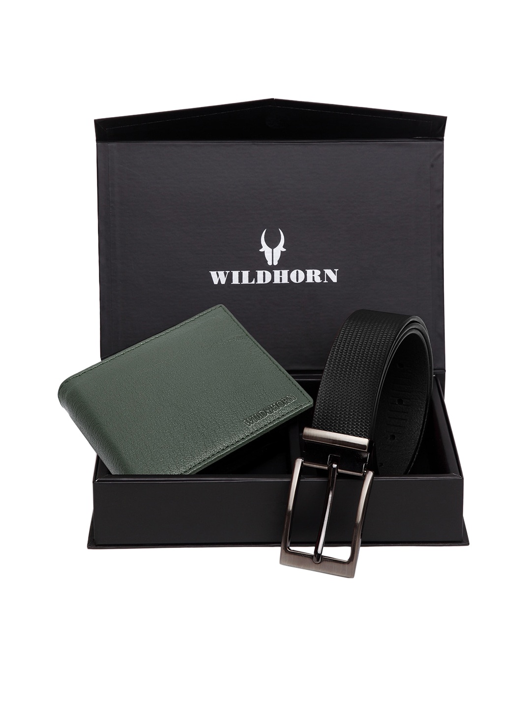 WildHorn Men Green & Black RFID Protected Genuine Leather Accessory Gift Set
