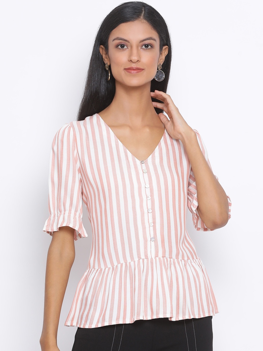 

Oxolloxo Women White Striped Peplum Pure Cotton Top