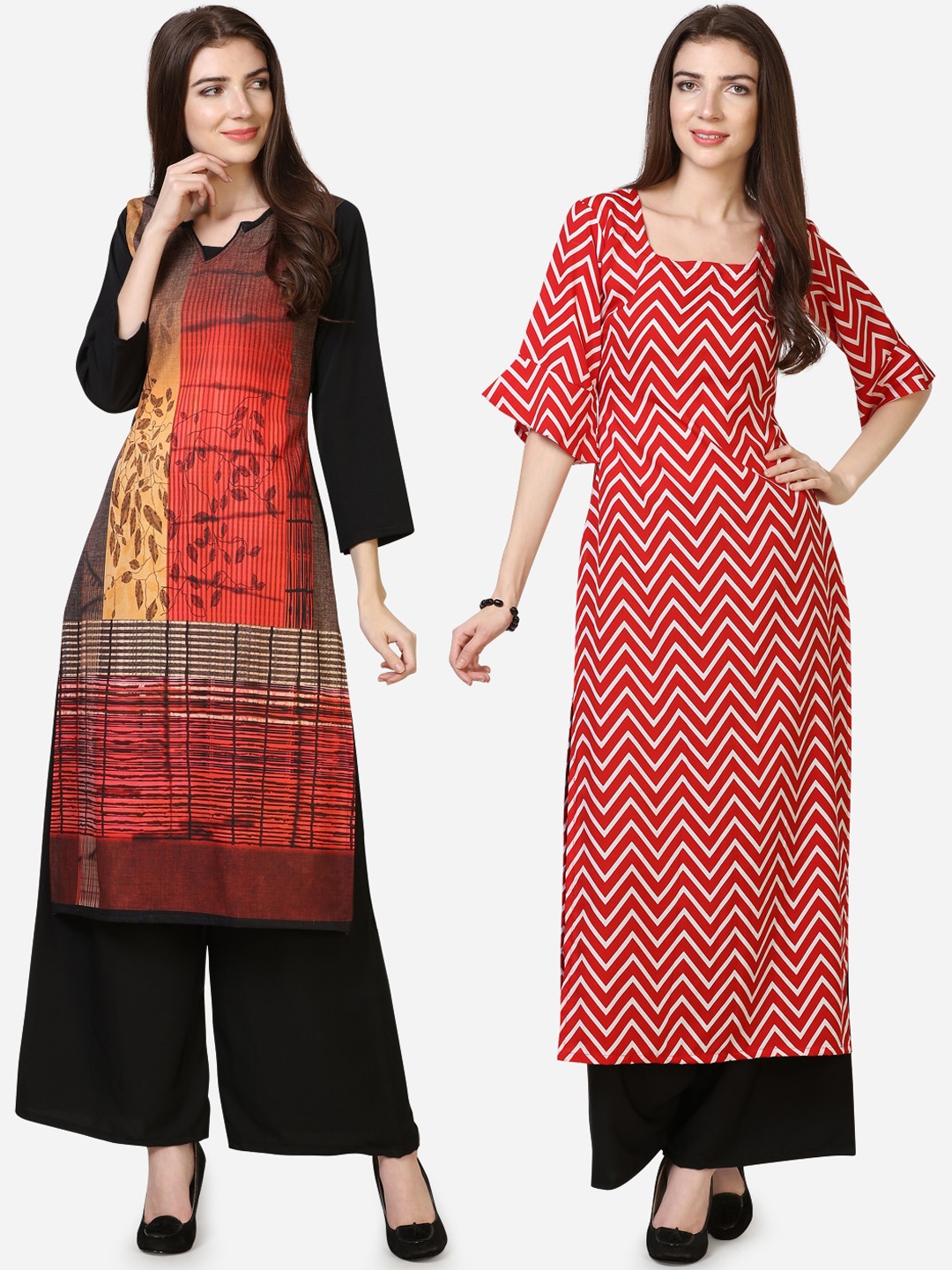 

Silk Bazar Women Pack Of 2 Red & Black Printed Kurta with Palazzos