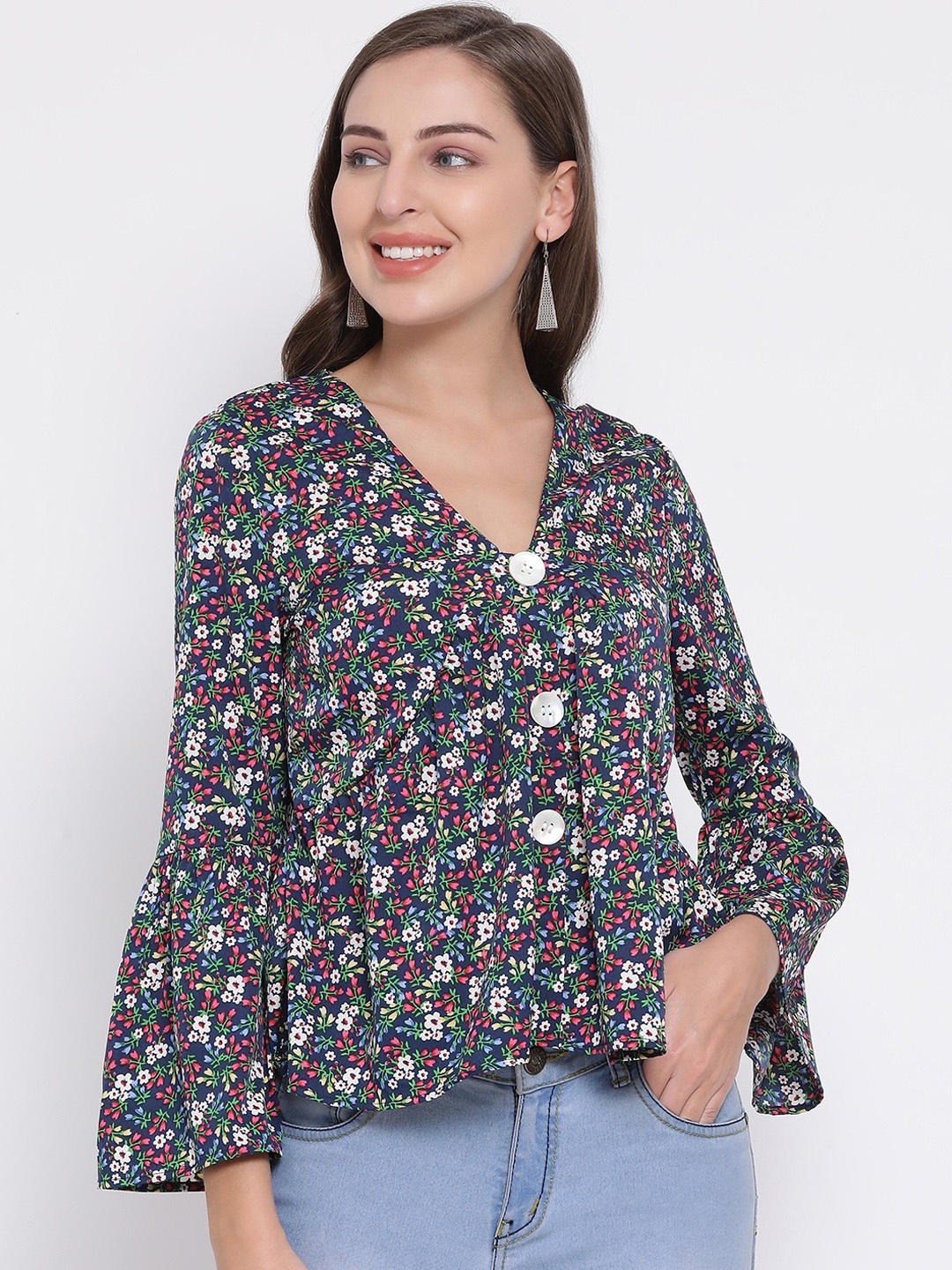 

Oxolloxo Women Navy Blue Printed Shirt Style Top