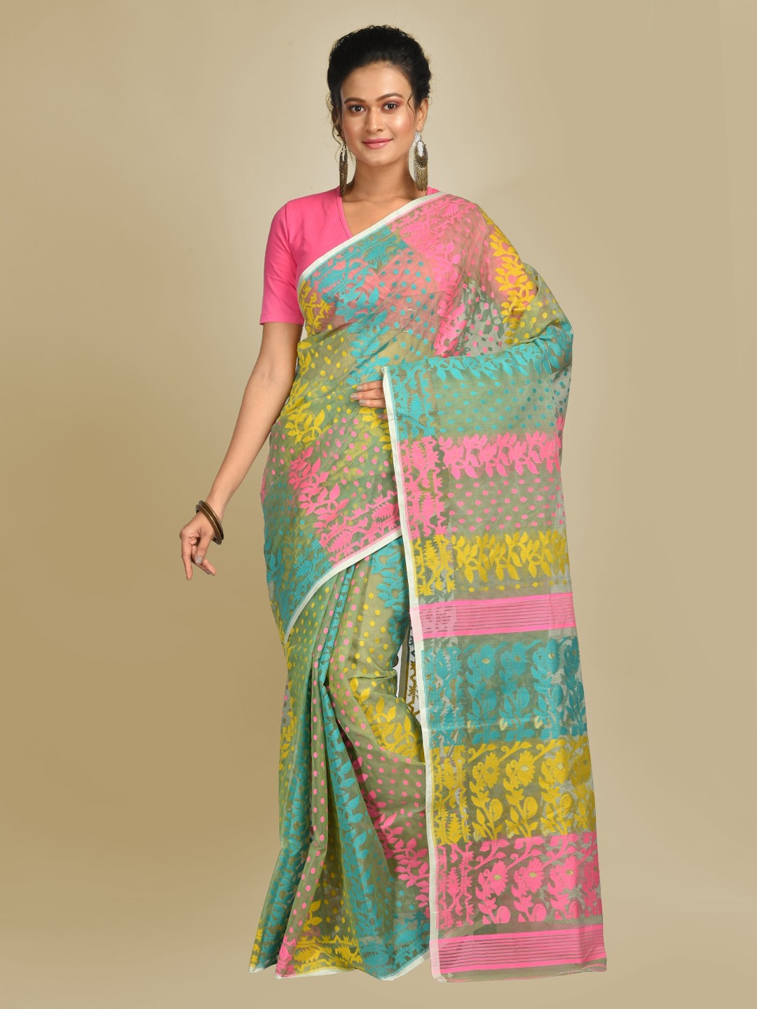 

Mitera Multicoloured Silk Cotton Handloom Woven Design Jamdani Saree, Multi