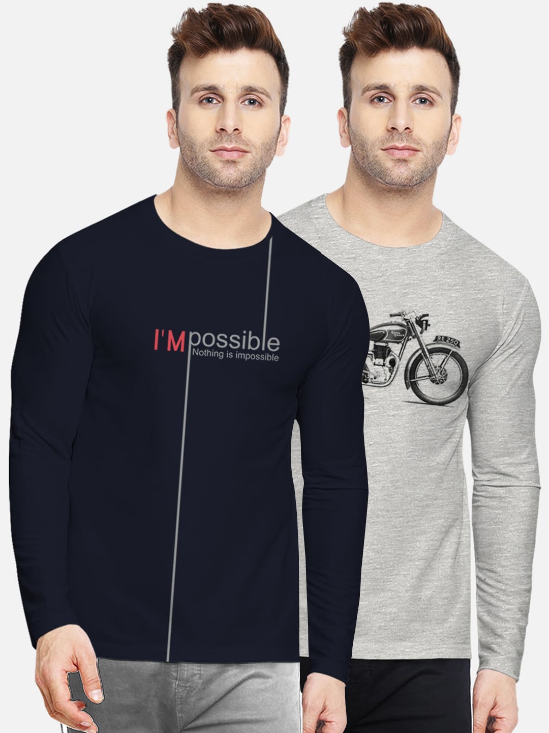 

BULLMER Men Pack of 2 Printed Round Neck T-shirt, Navy blue