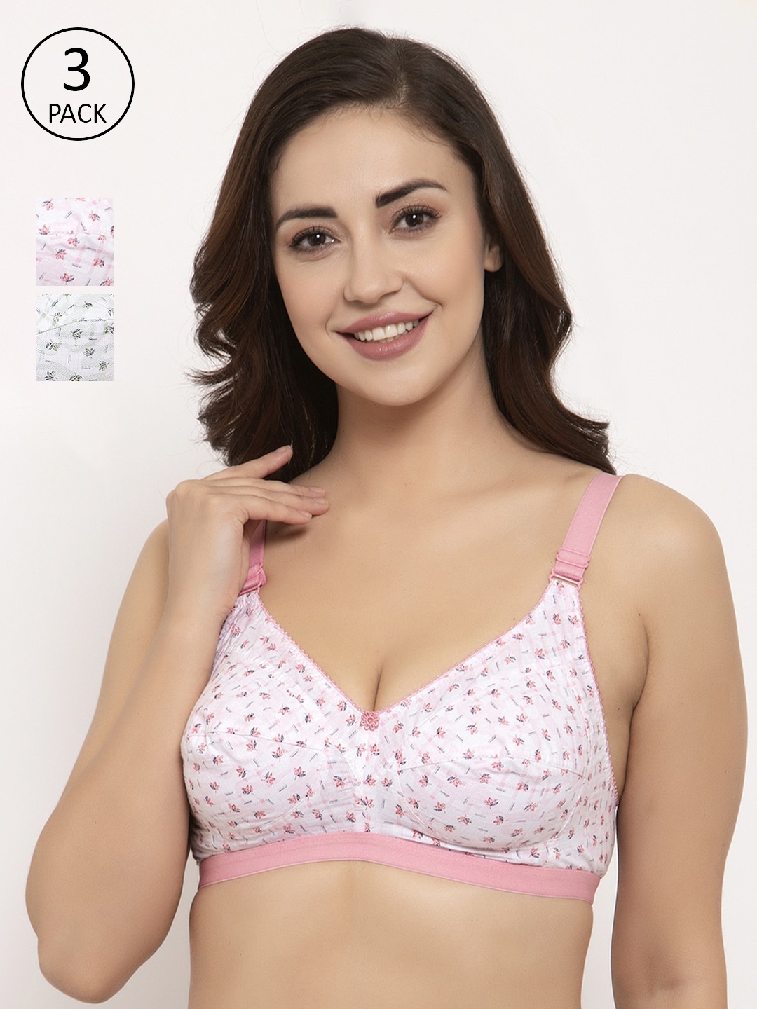 

GRACIT Pack of 3 Printed Non-Wired Non Padded Everyday Bras PW10, White